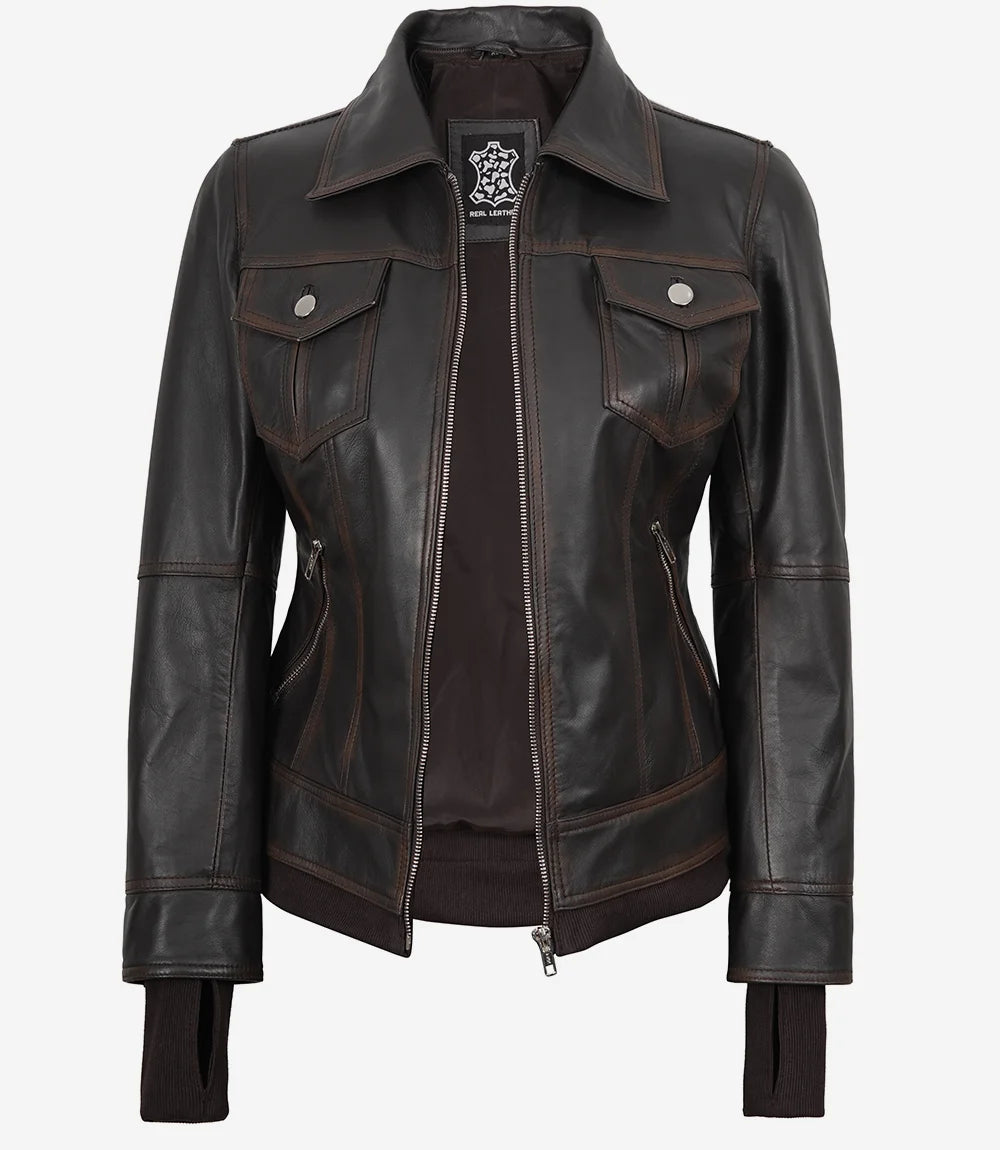 Women's Distressed Brown Bomber Leather Jacket with Removable Hood