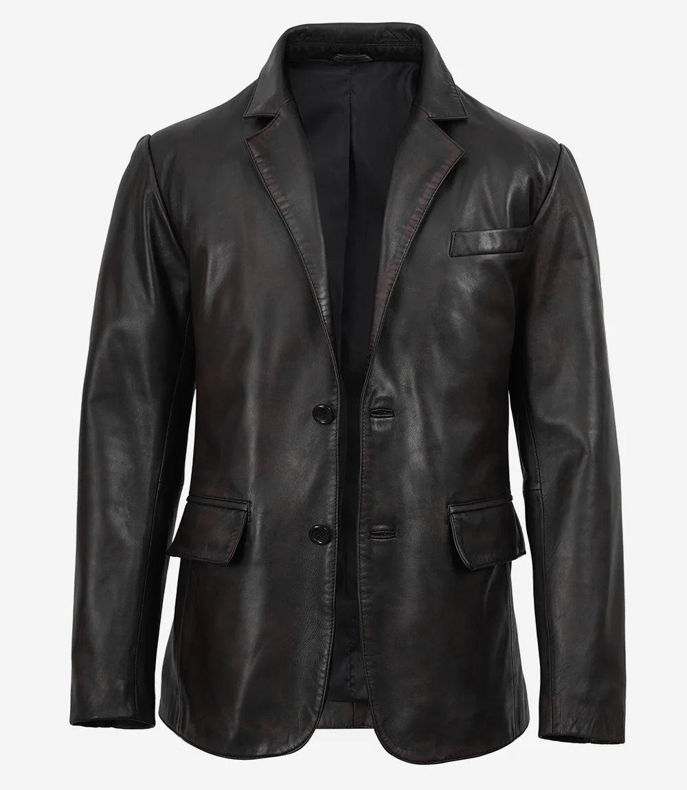 Juan Men's Two Toned Maroon Distressed Black Leather Blazer