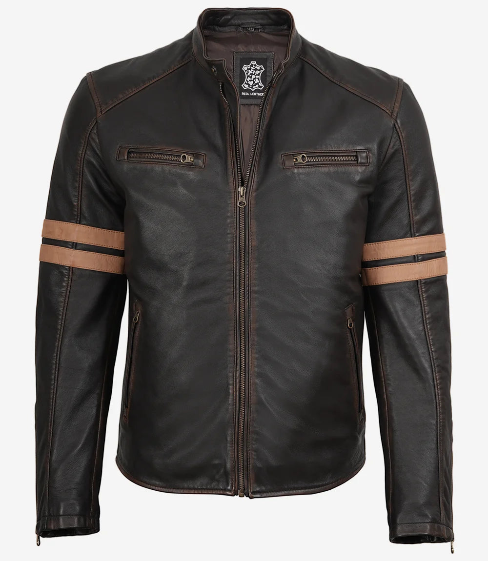 Men’s Vintage Brown Leather Biker Jacket with Dual Racing Stripes