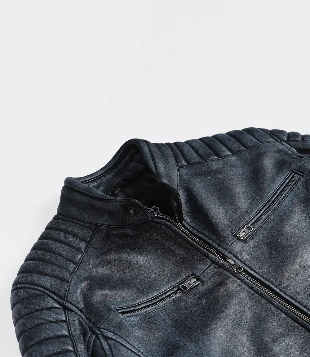 Mens Black Washed Leather Biker Style Jacket