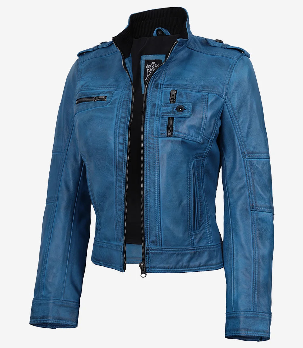 Blaue Damenjacke im Biker-Stil aus gewachstem Lammleder