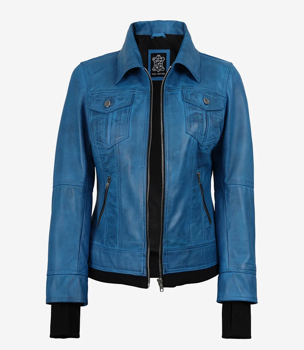 Women’s Blue Waxed Real Leather Jacket with Removable Hood