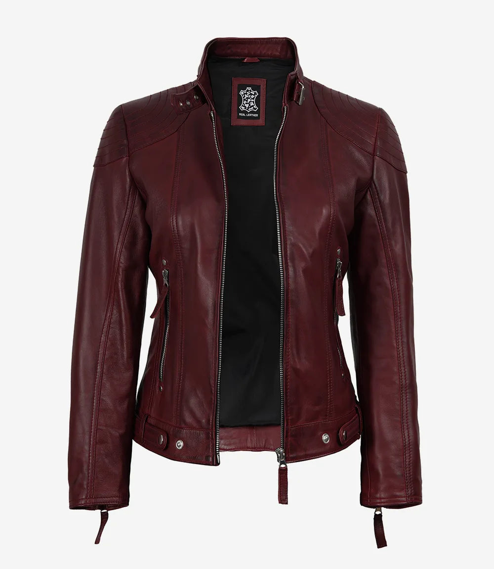 Women’s Maroon Waxed Real Leather Jacket with Removable Hood