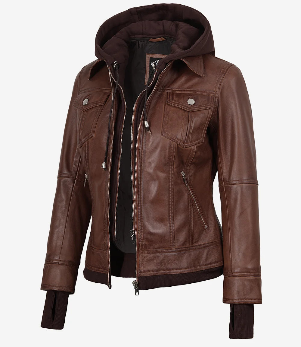 Tralee Damen Cognac Wachs-Bomberlederjacke mit abnehmbarer Kapuze