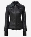 The Celeste: Womens Black Bomber Leather Jacket with Removable Hood