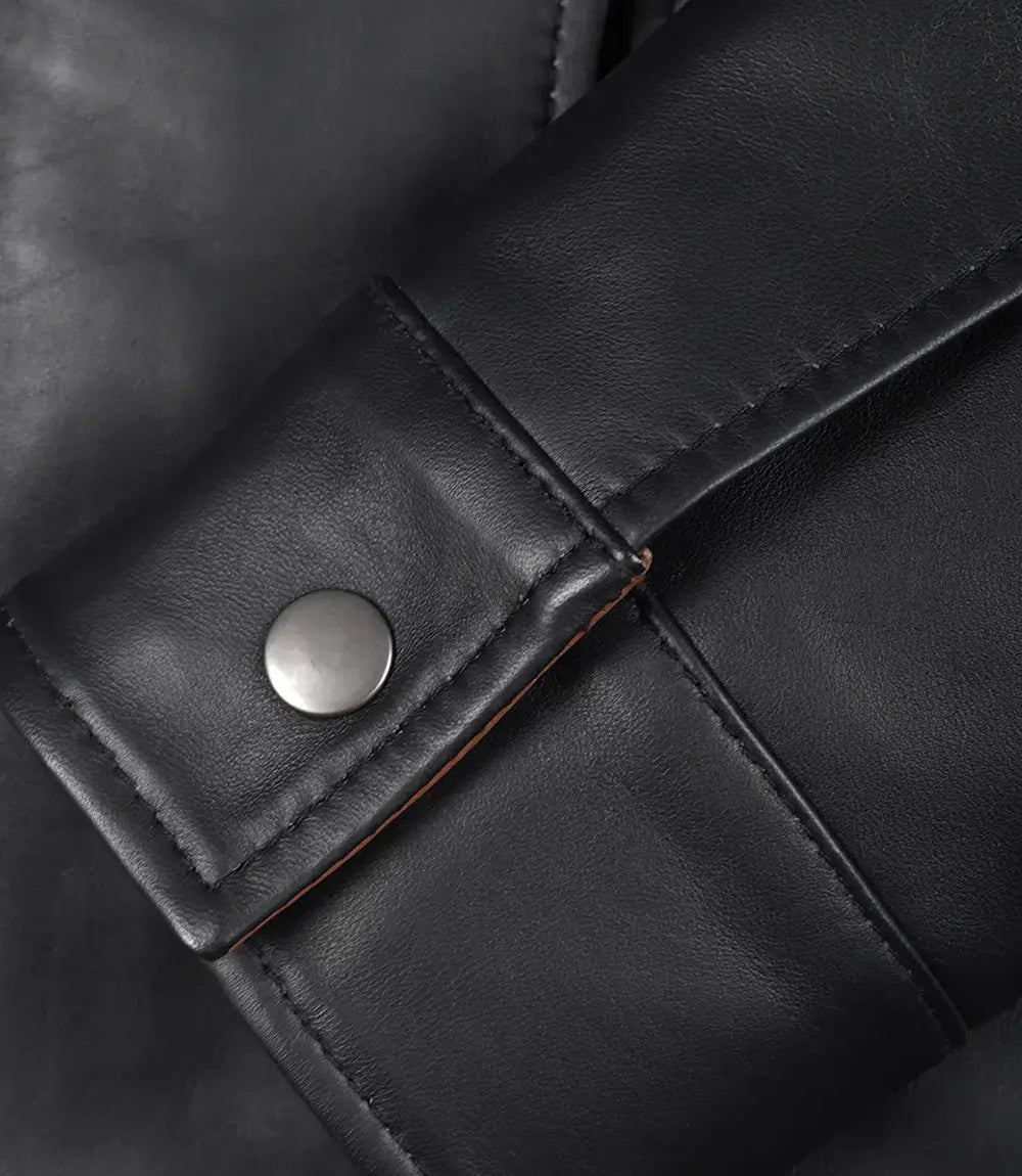 Womens High-Collar Black Leather Jacket With Brown Details