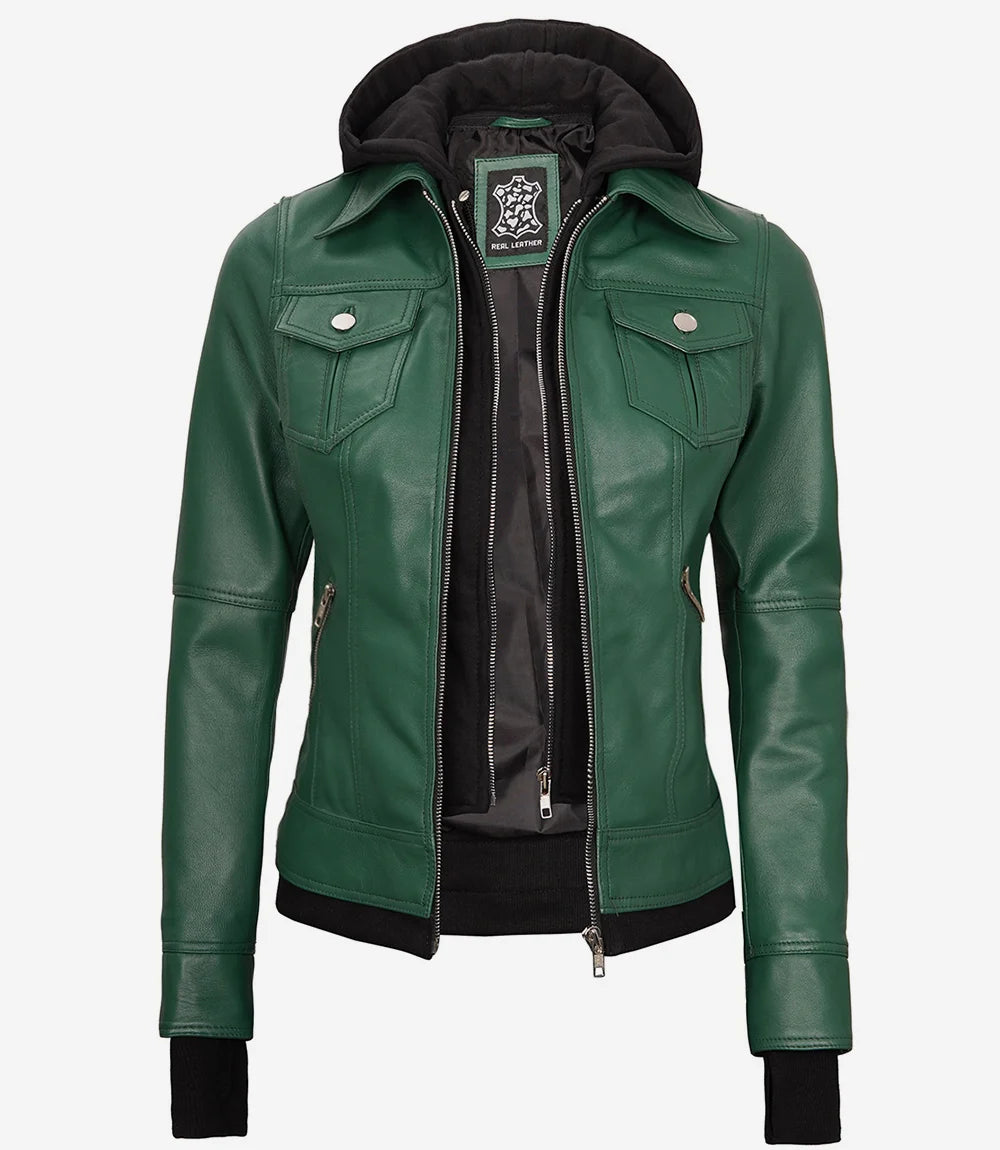Womens Green Bomber Leather Jacket with Removable Hood