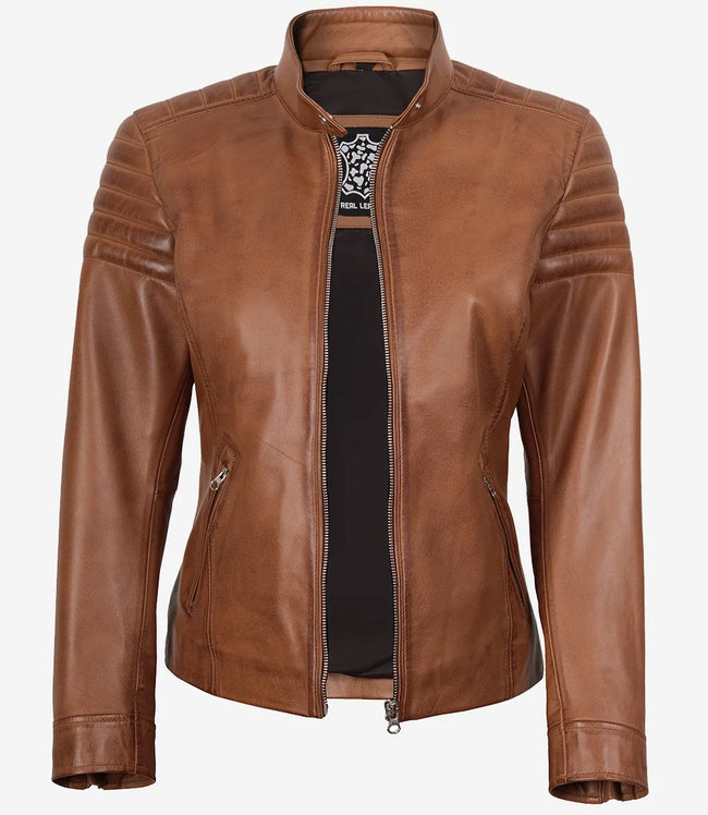 Damenjacke aus echtem Lammleder im Biker-Stil, Hellbraun