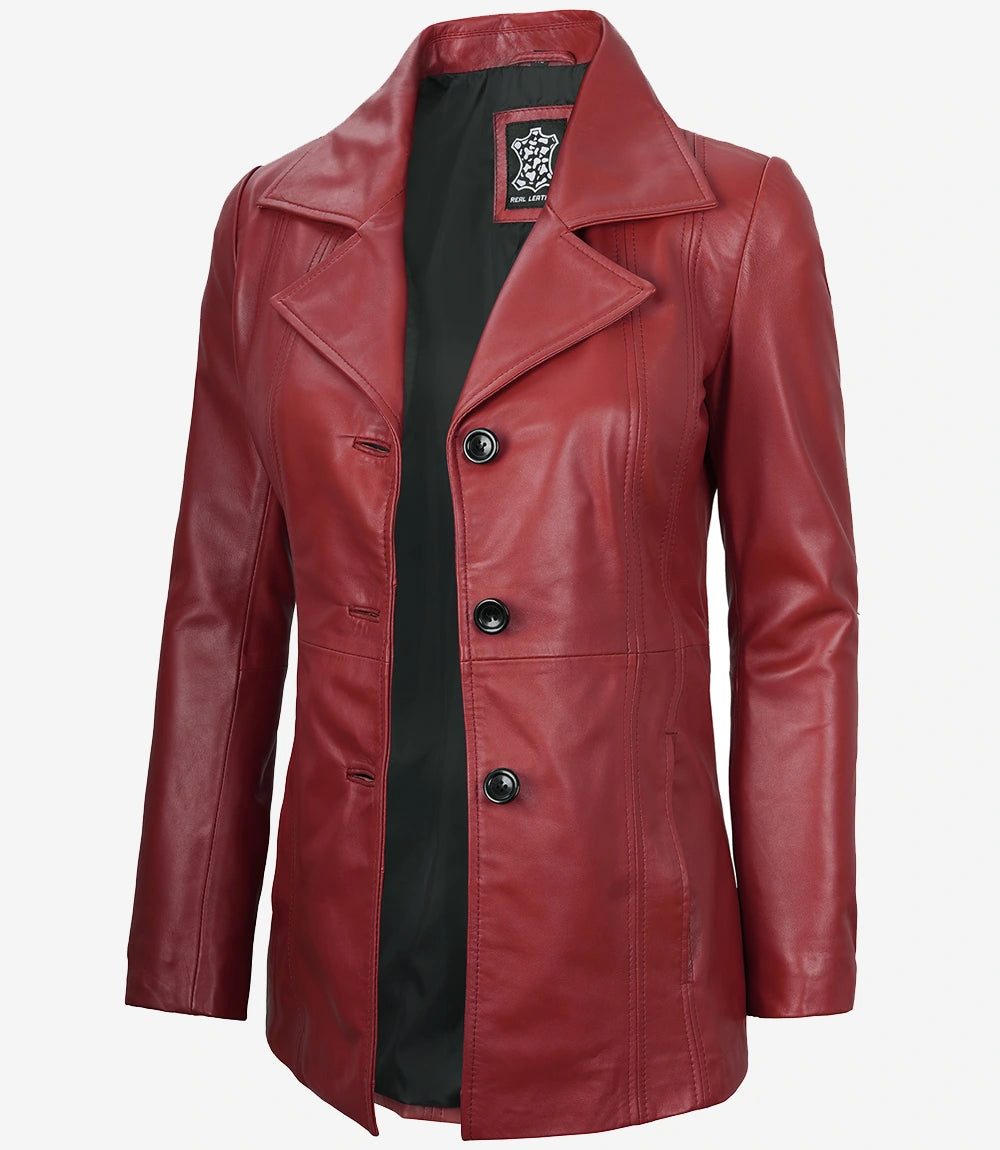 Womens Three Button Red Leather Blazer