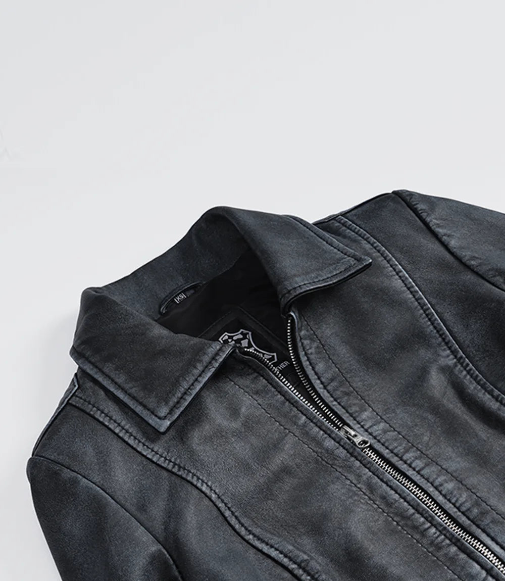 Jose Womens Black Shirt Collar Harrington Washed Leather Jacket