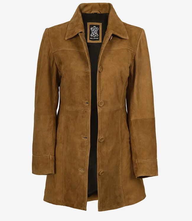 Women's 3/4 Length Button Down Brown Suede Coat