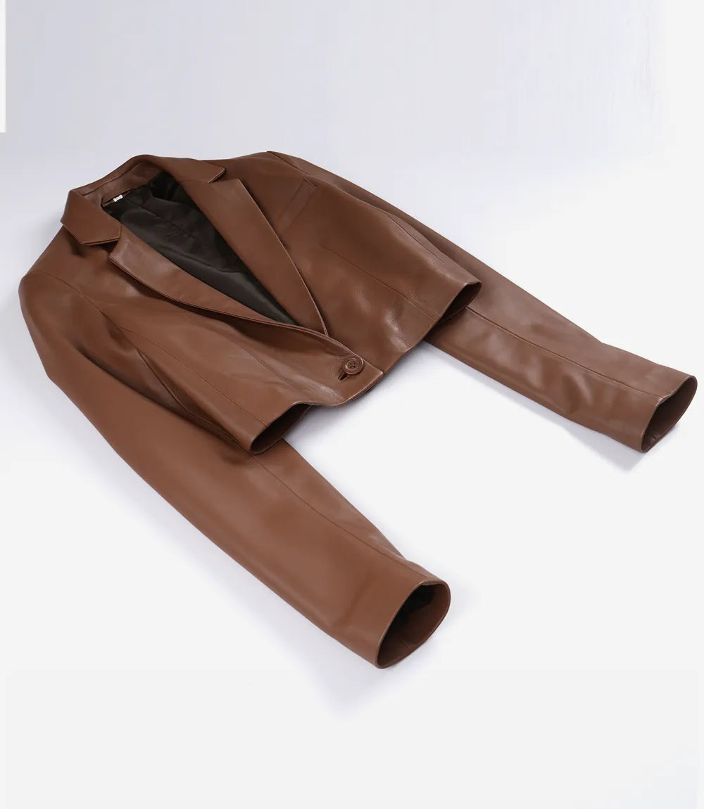 Women's Cognac Leather Single Button Cropped Blazer