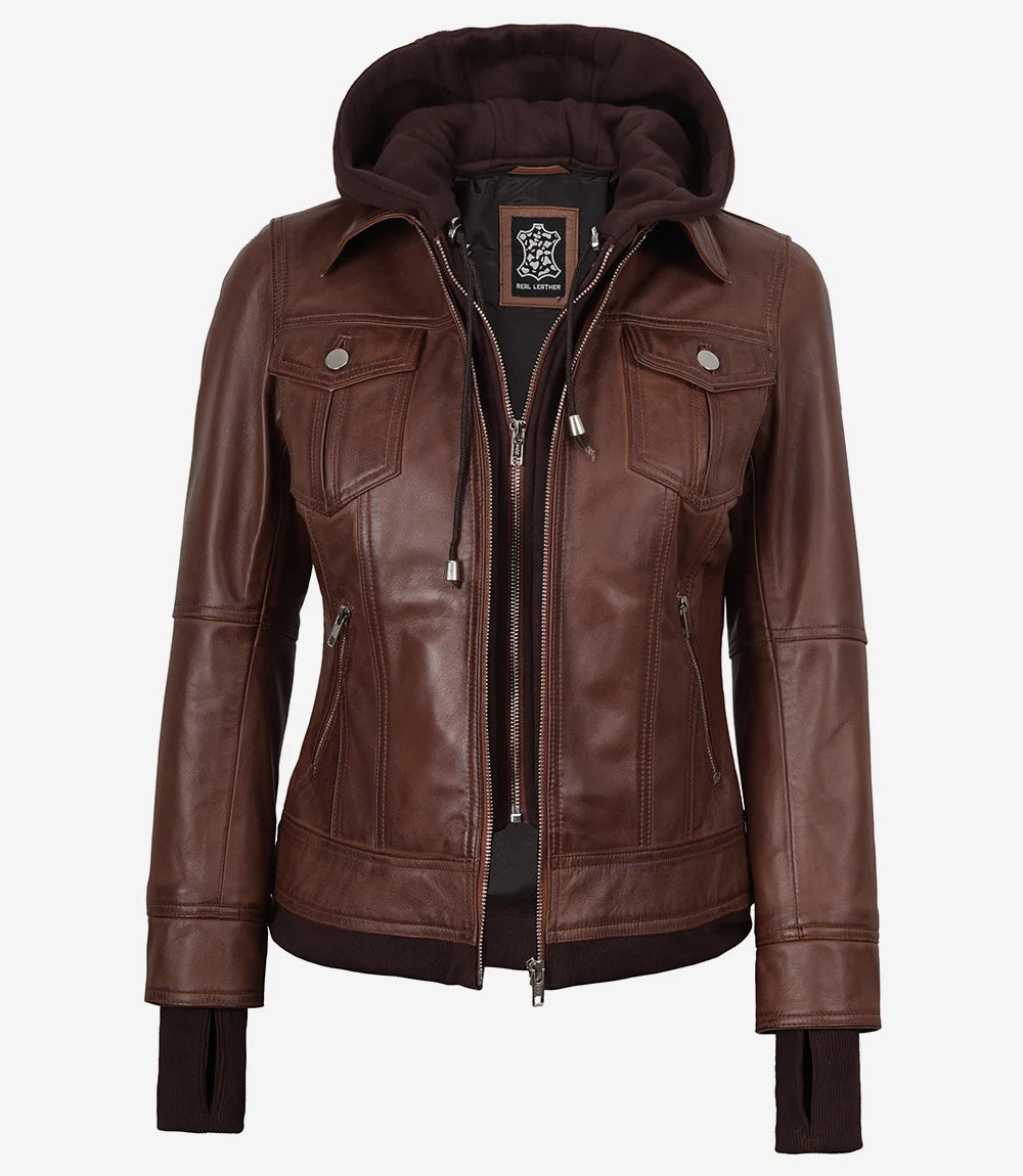 Tralee Damen Cognac Wachs-Bomberlederjacke mit abnehmbarer Kapuze