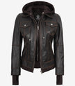 Women's Distressed Brown Bomber Leather Jacket with Removable Hood