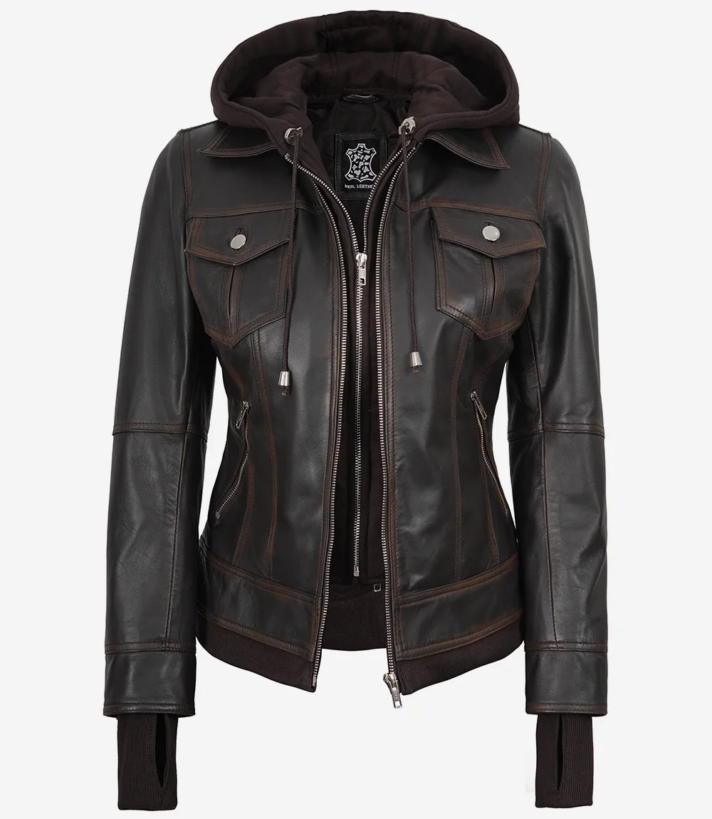 Women's Distressed Brown Bomber Leather Jacket with Removable Hood