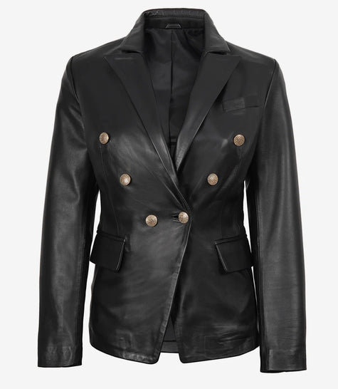 Kim Damen Zweireihiger schwarzer Lederblazer