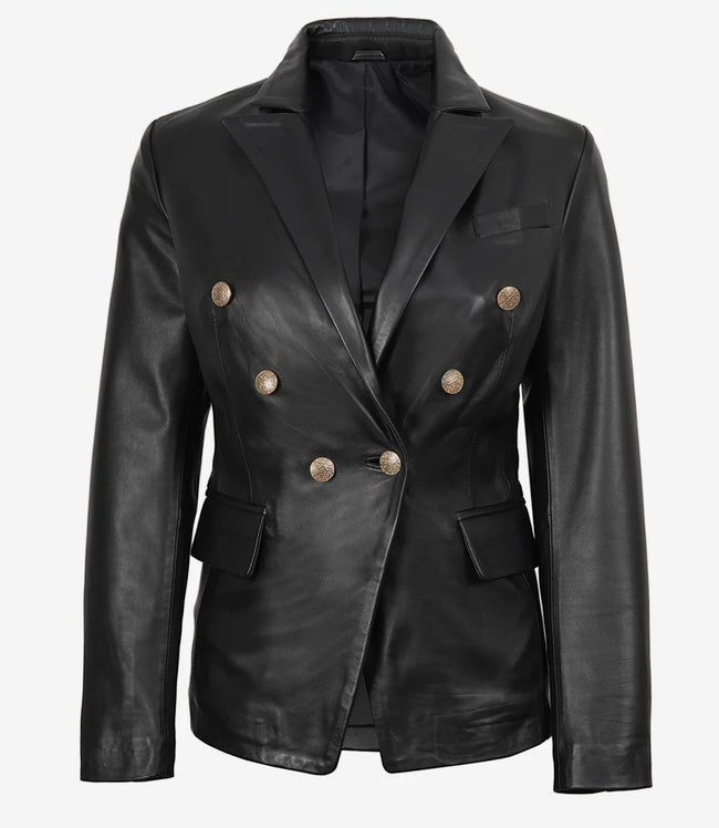 Kim Damen Zweireihiger schwarzer Lederblazer