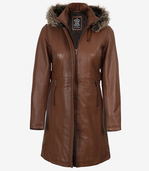 Women Brown Leather Coat With Fur Trim Removable Hood