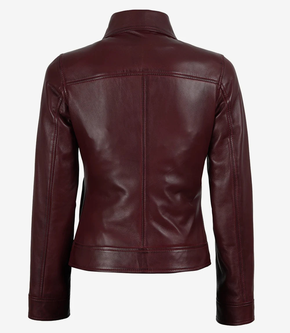 Womens Maroon Waxed Shirt Collar Harrington Leather Jacket