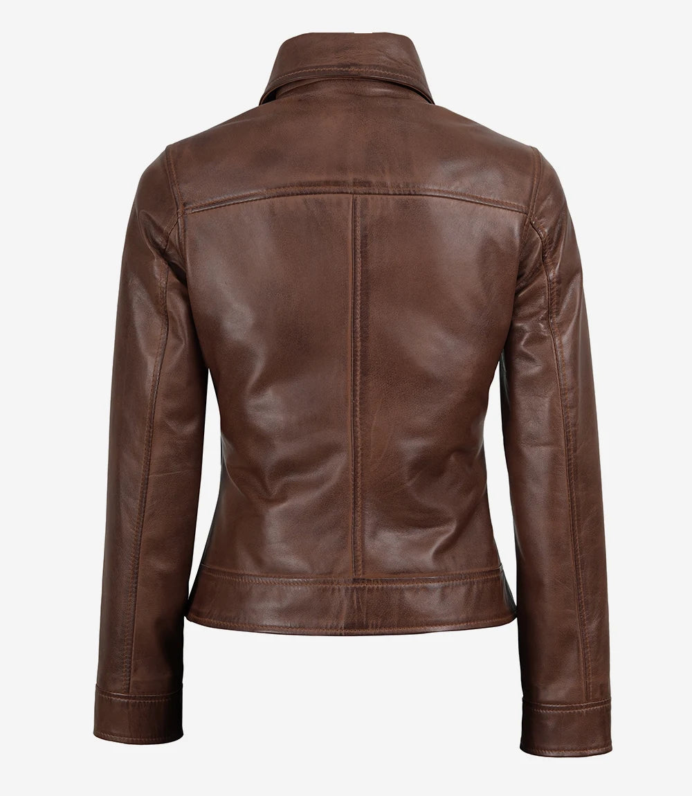 Women's Brown Cognac Waxed Shirt Collar Leather Jacket
