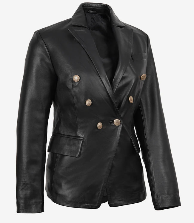 Kim Damen Zweireihiger schwarzer Lederblazer
