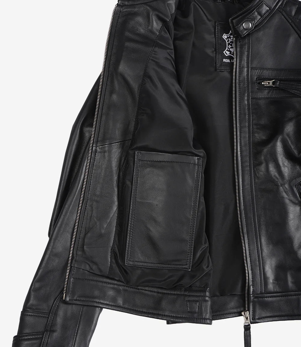 Schwarze Lederjacke im Biker-Stil für Damen – gesteppte Schultern