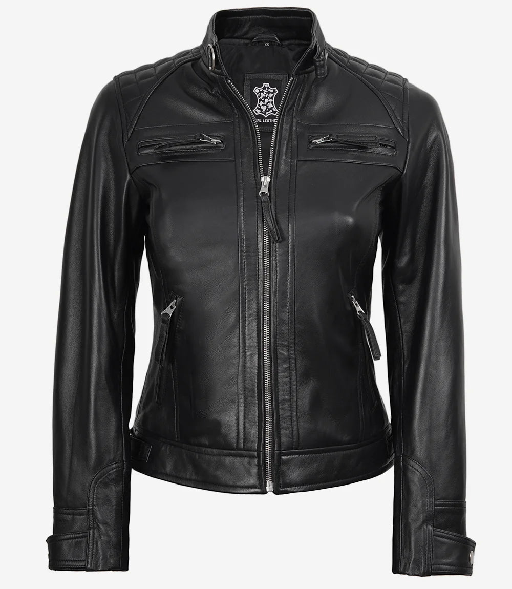Schwarze Lederjacke im Biker-Stil für Damen – gesteppte Schultern