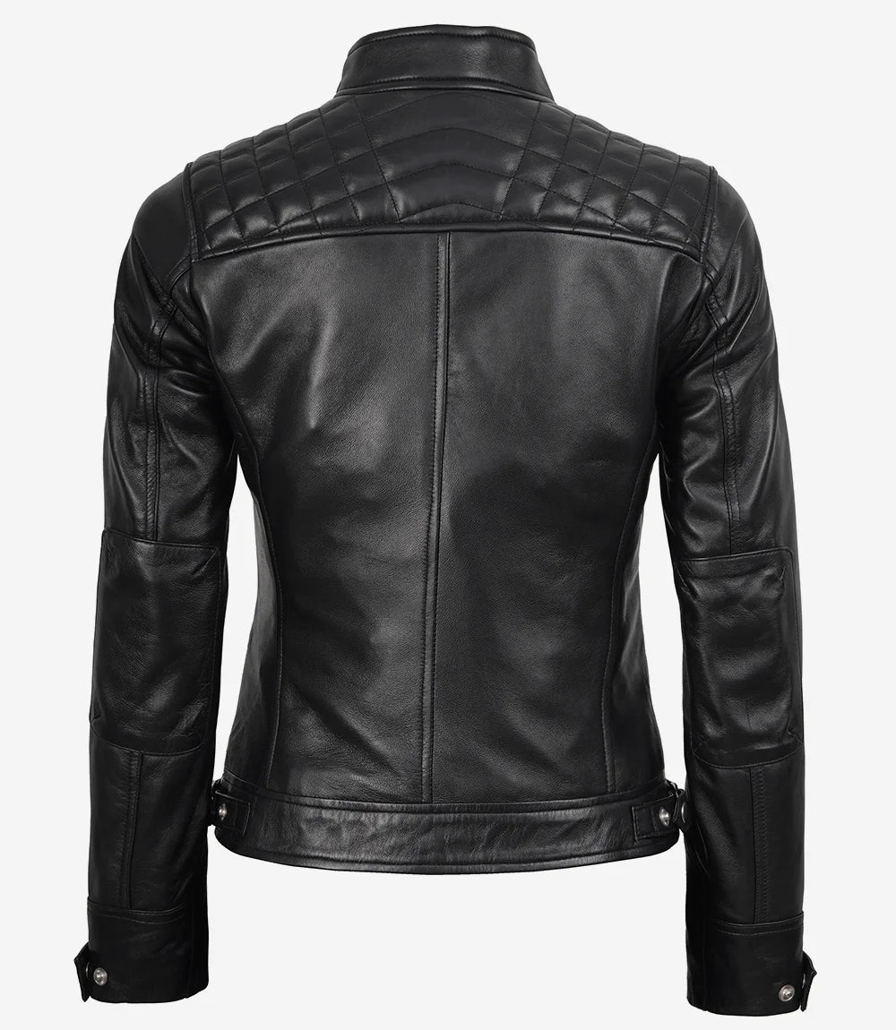 Schwarze Lederjacke im Biker-Stil für Damen – gesteppte Schultern