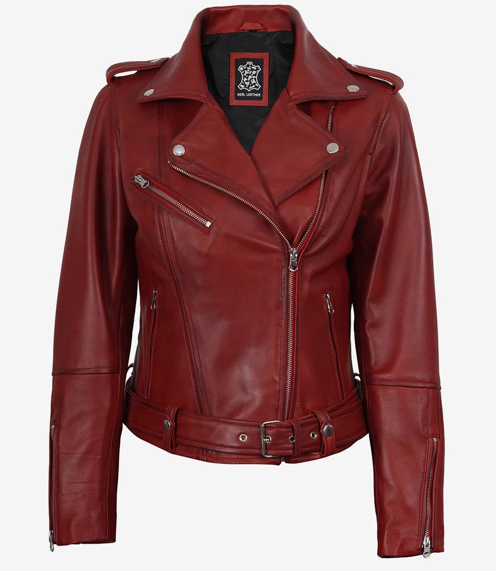 Rote asymmetrische Lederjacke im Biker-Stil mit Gürtel für Damen