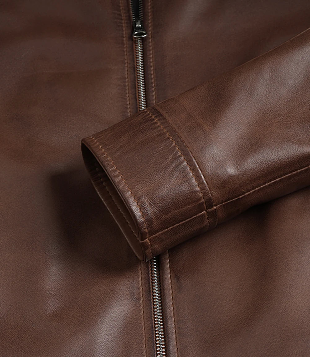 Women's Brown Cognac Waxed Shirt Collar Leather Jacket