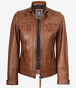 Women's Real Lambskin Leather Tan Quilted Biker Style Jacket