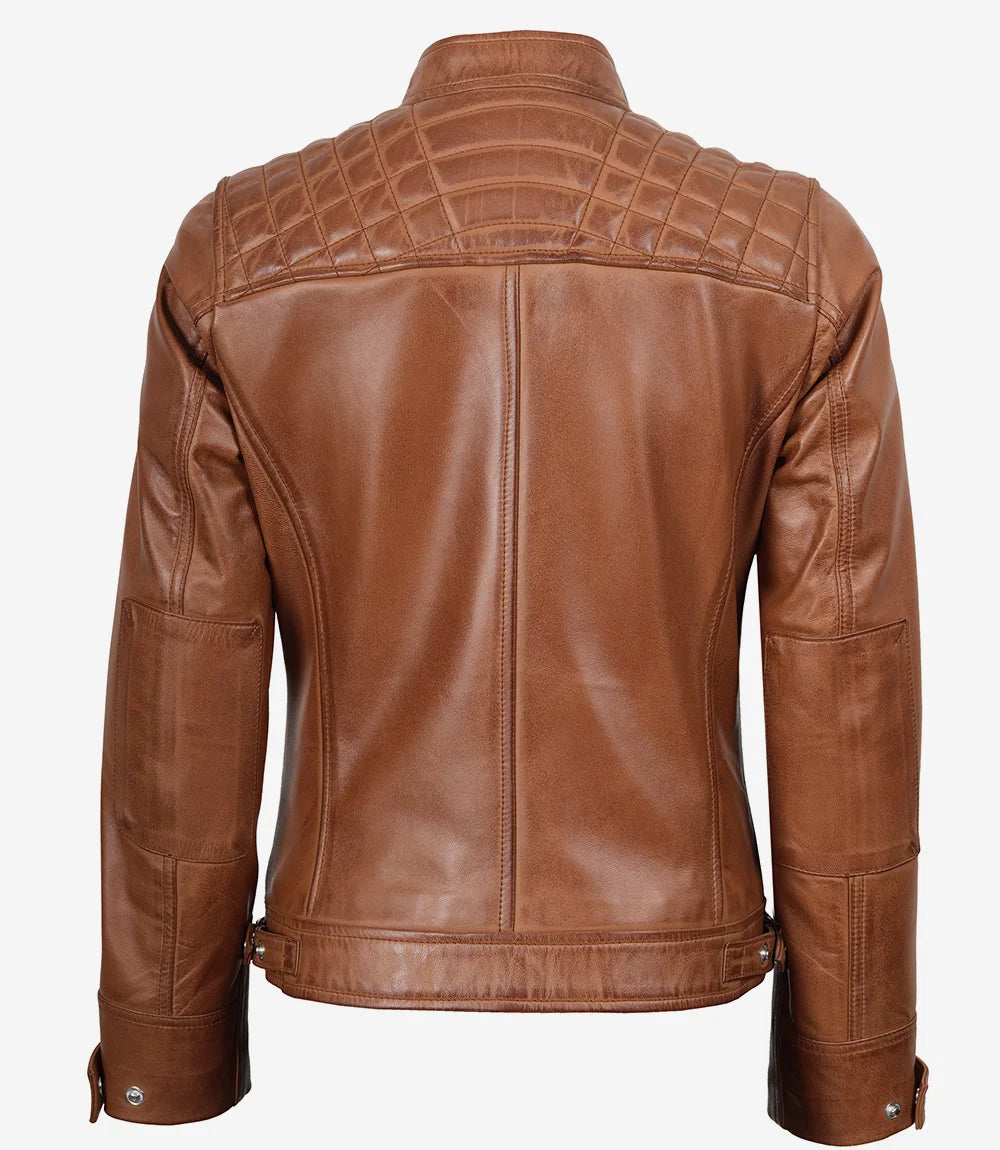 Women's Real Lambskin Leather Tan Quilted Biker Style Jacket