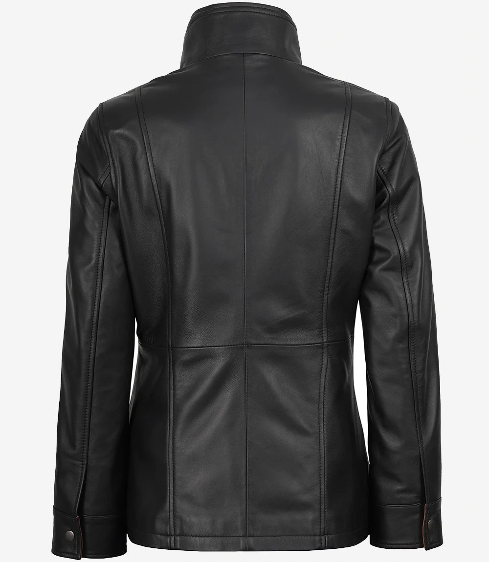 Womens High-Collar Black Leather Jacket With Brown Details