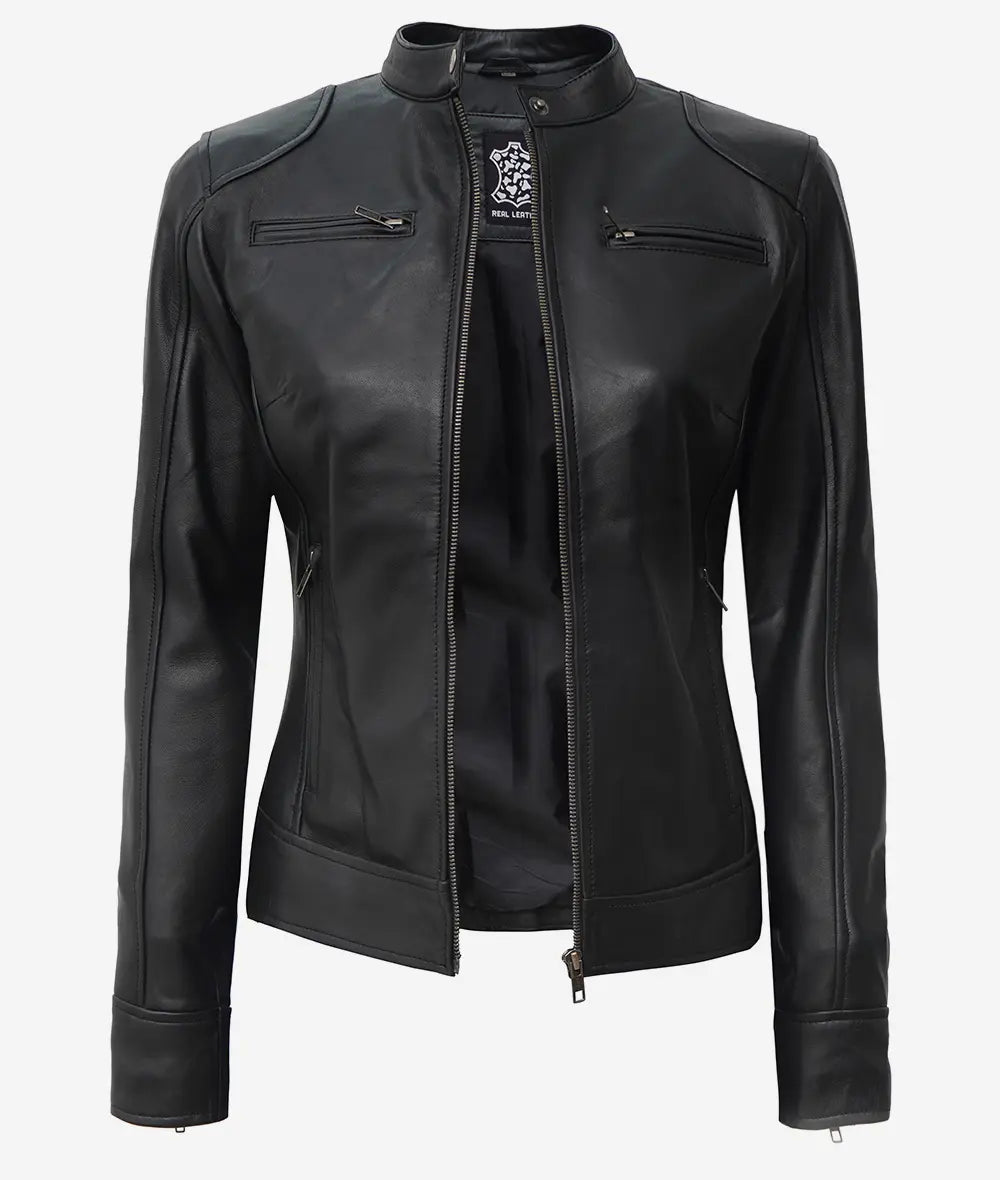 Schwarze Damenjacke aus Lammleder im Bikerstil