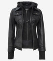 Womens Petite Black Bomber Hooded Leather Jacket
