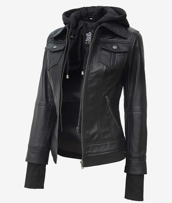 The Celeste: Schwarze Bomber-Lederjacke für Damen mit abnehmbarer Kapuze