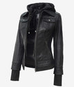 The Celeste: Womens Black Bomber Leather Jacket with Removable Hood