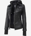 Womens Petite Black Bomber Hooded Leather Jacket
