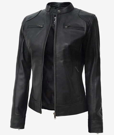 Schwarze Damenjacke aus Lammleder im Bikerstil