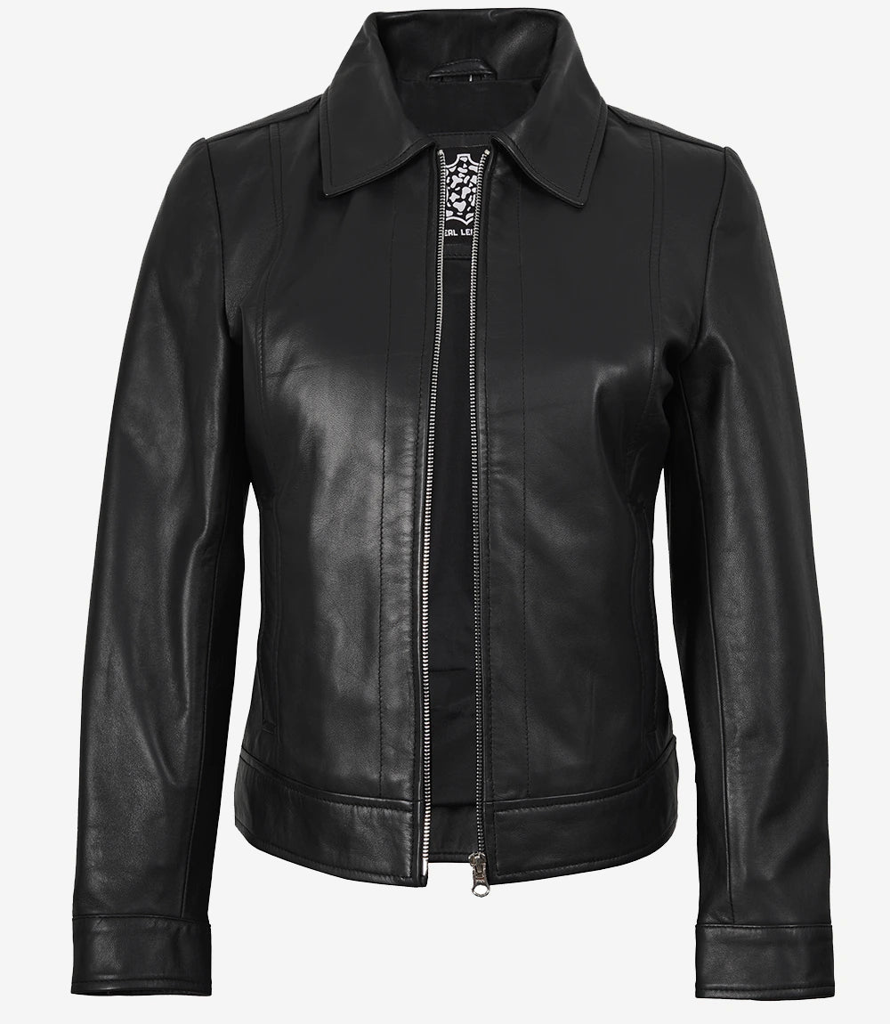 Schwarze Lederjacke mit Hemdkragen für Damen