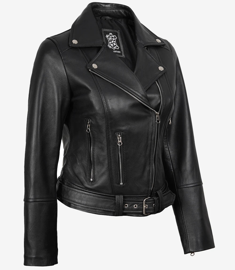 Asymmetrische schwarze Damen-Lederjacke im Biker-Stil mit Gürtel