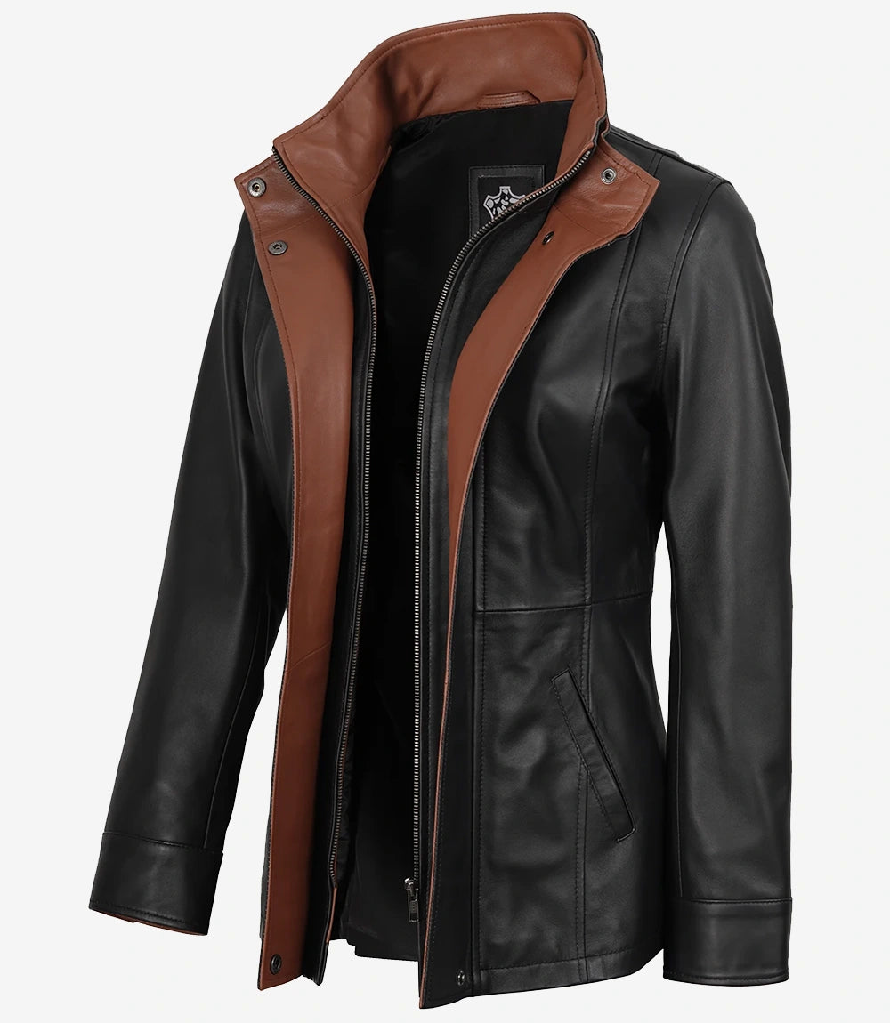 Womens High-Collar Black Leather Jacket With Brown Details