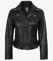 Asymmetrische schwarze Damen-Lederjacke im Biker-Stil mit Gürtel