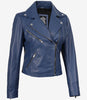 Womens Real Lambskin Leather Blue Biker Style Jacket