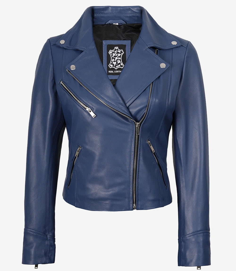 Damenjacke aus echtem Lammleder im blauen Biker-Stil