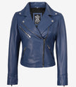 Womens Real Lambskin Leather Blue Biker Style Jacket