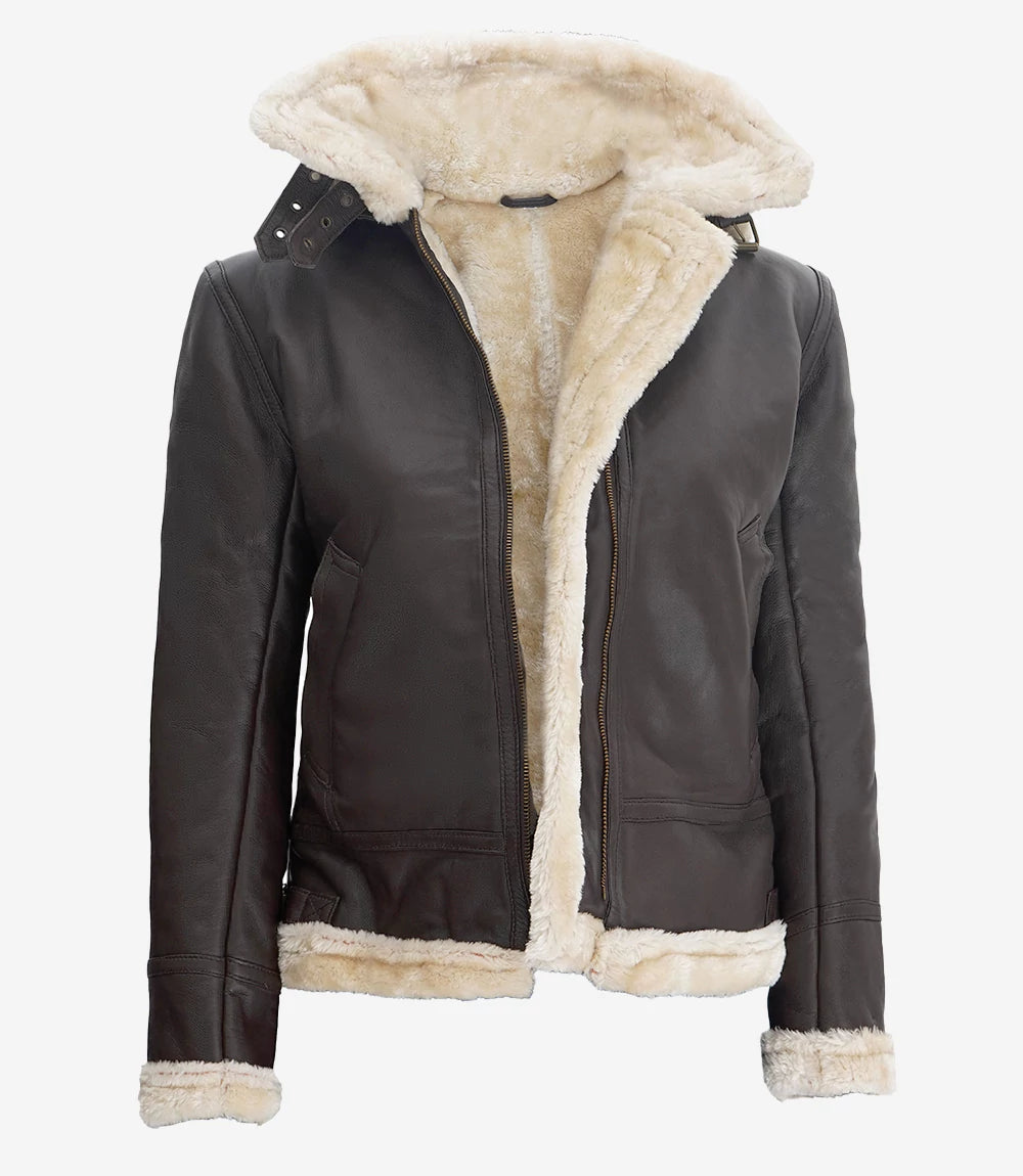 Womens Dark Brown Shearling Leather Jacket With Hood