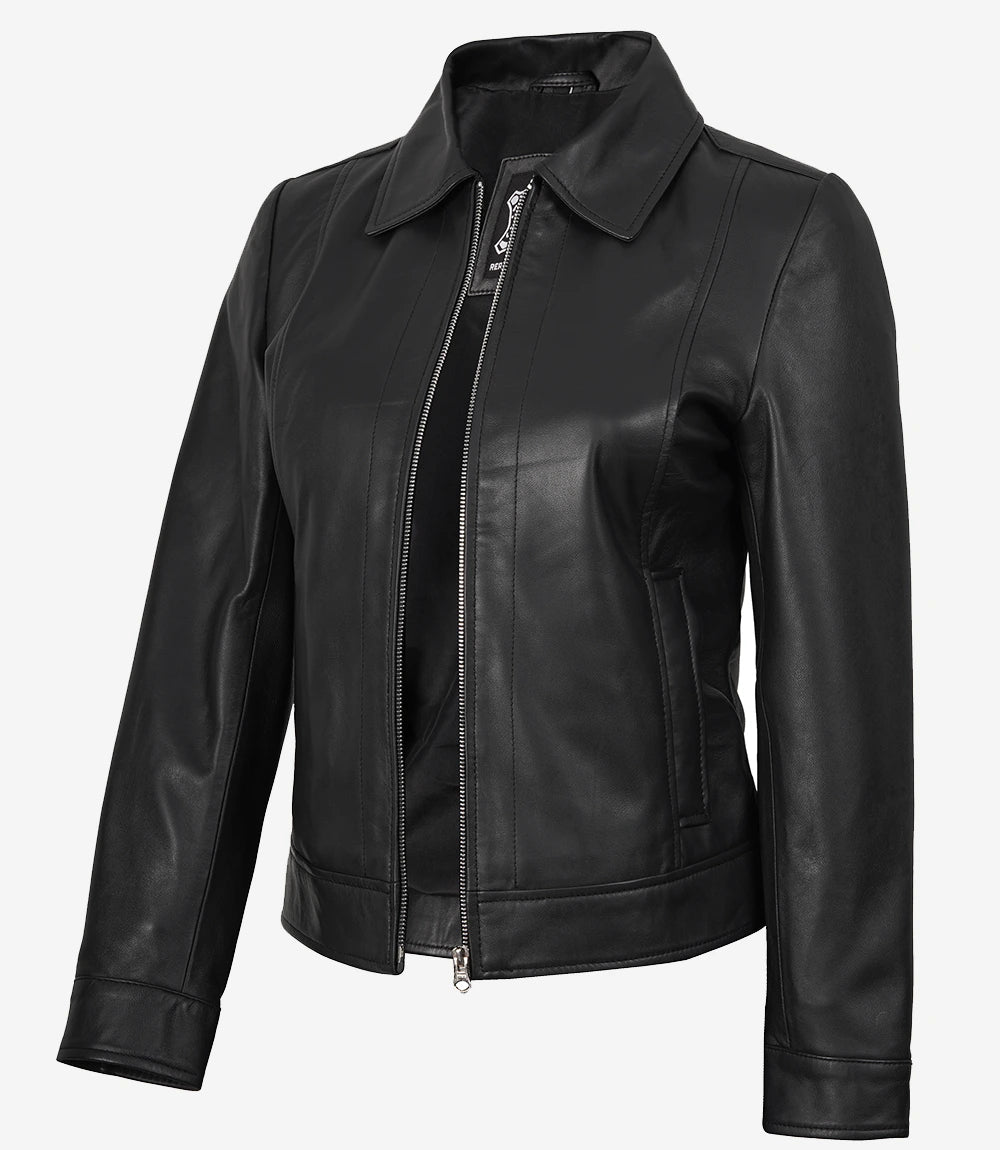 Schwarze Lederjacke mit Hemdkragen für Damen