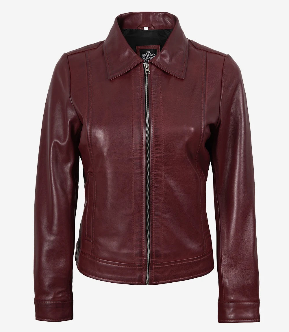 Kastanienbraune Lederjacke mit Hemdkragen für Damen
