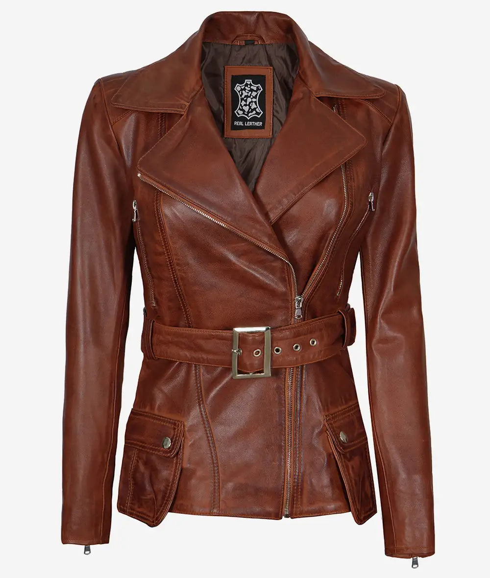 Womens Asymmetrical Cognac Leather Jacket